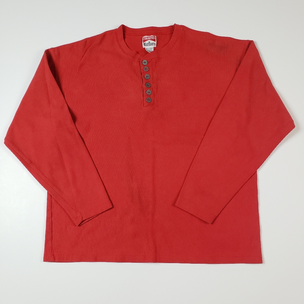 Vintage 90's Marlboro Henley Pullover Red Thermal Sweater